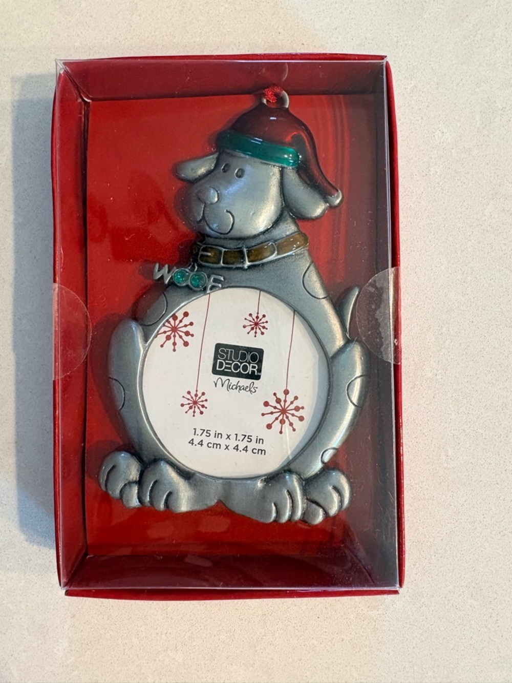Studio Decor Silver Dog Photo Ornament with Red Hat and Green Trim